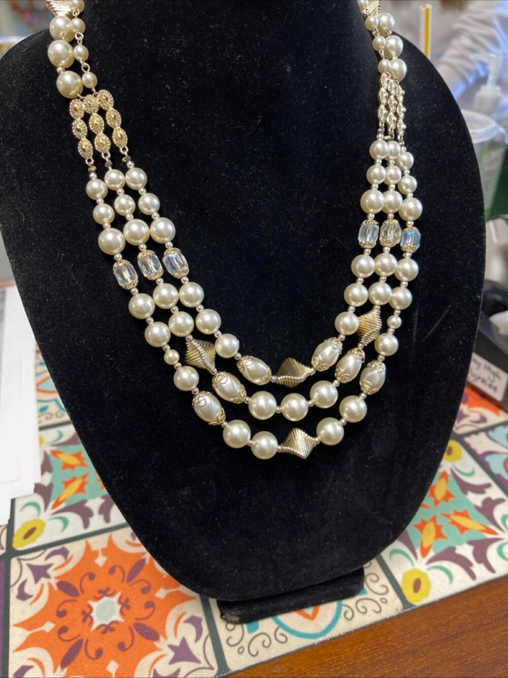 Vintage Gold and Faux Pearl 3 Strand Necklace - Picture 7 of 7